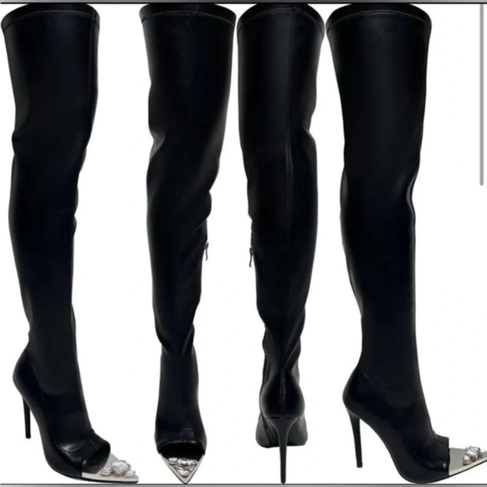 Azalea Wang “Clover” Over-the-Knee Peep-Toe Boots Size 9 Black